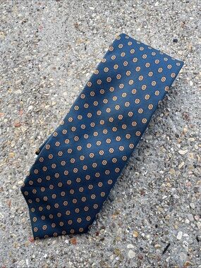 Vintage Saks Fifth Avenue Navy Silk Tie with Gold Medallion Motif